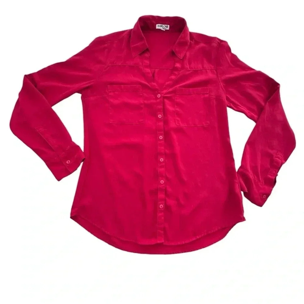 Express Women's Shirt Portofino Button Up Red V-Neck Long Sleeve Blouse Small